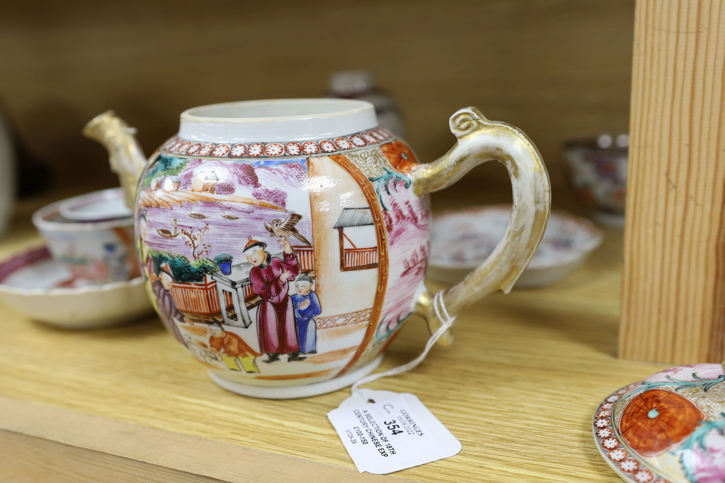 A selection of 18th century Chinese export wares, to include a teapot, tea bowls, saucers etc., some matching, tallest 16cm, (10)